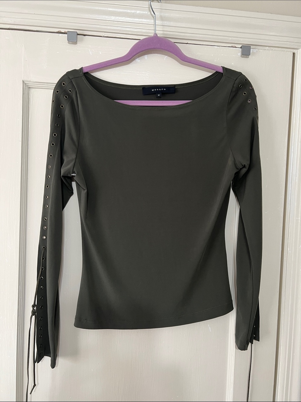 monaco Olive Green Long Sleeve Top with metal grommet Eyelet Sleeve Detail